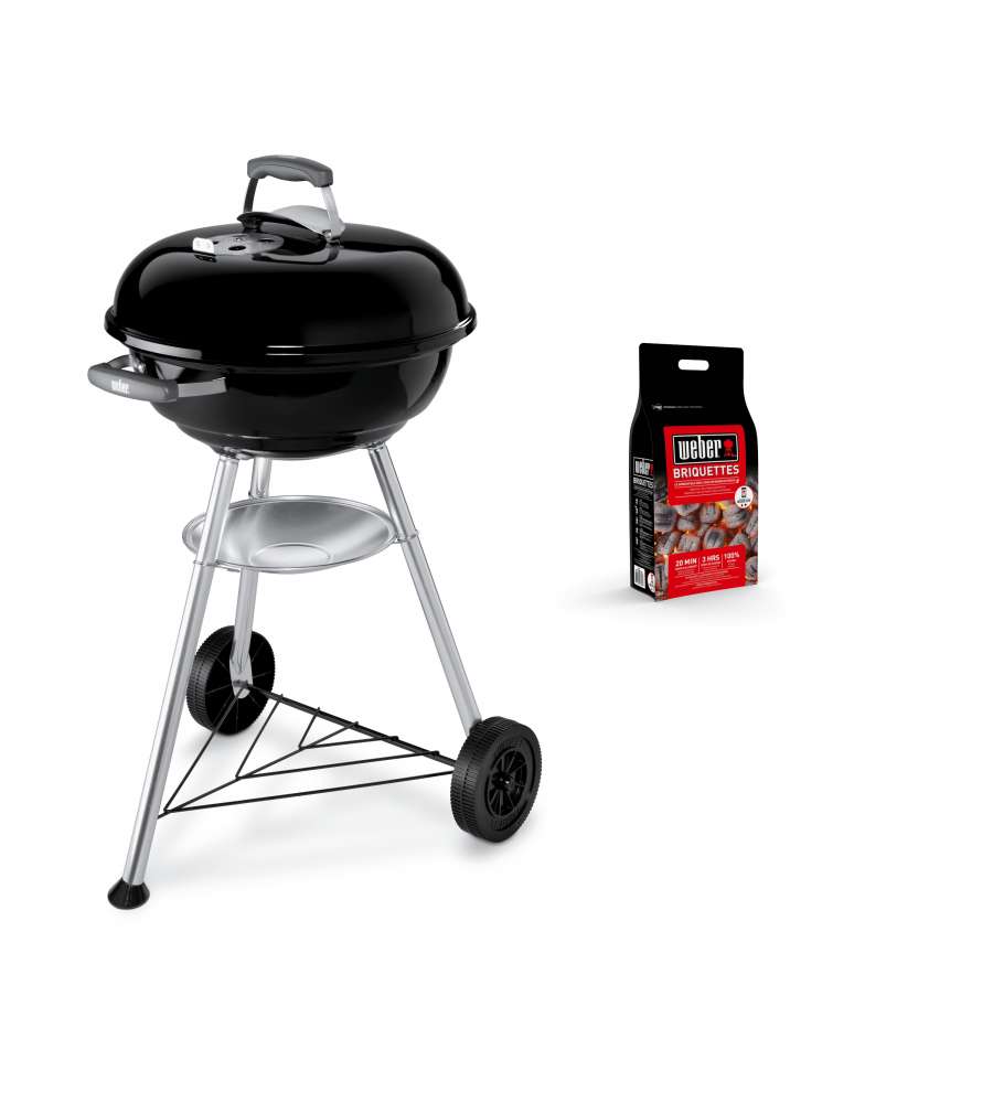 WEBER Barbecue a Carbone Compact Kettle Nero 47 cm con 2Kg di Bricchetti