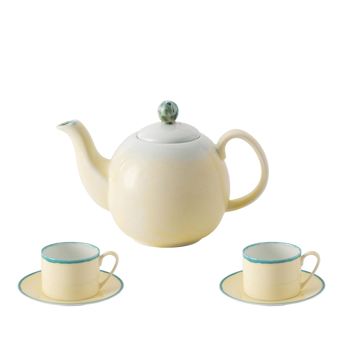 Set di teiera piccola gialla Murrine con due tazze da tè e piattini