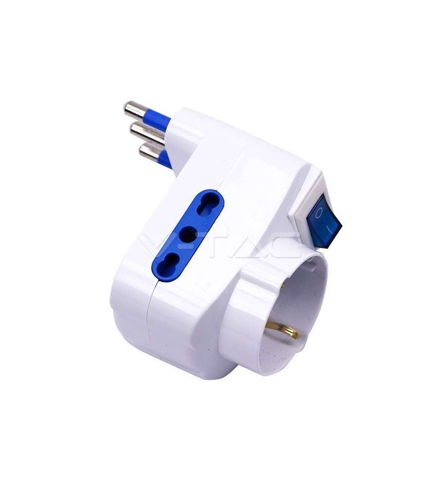 Adattatore Multipresa con 2 Prese Laterali 10/16A Bipasso e una Frontale 10/16A Bipasso + Shuko con Interruttore Luminoso Spina 16A 2P+T Colore Bianco