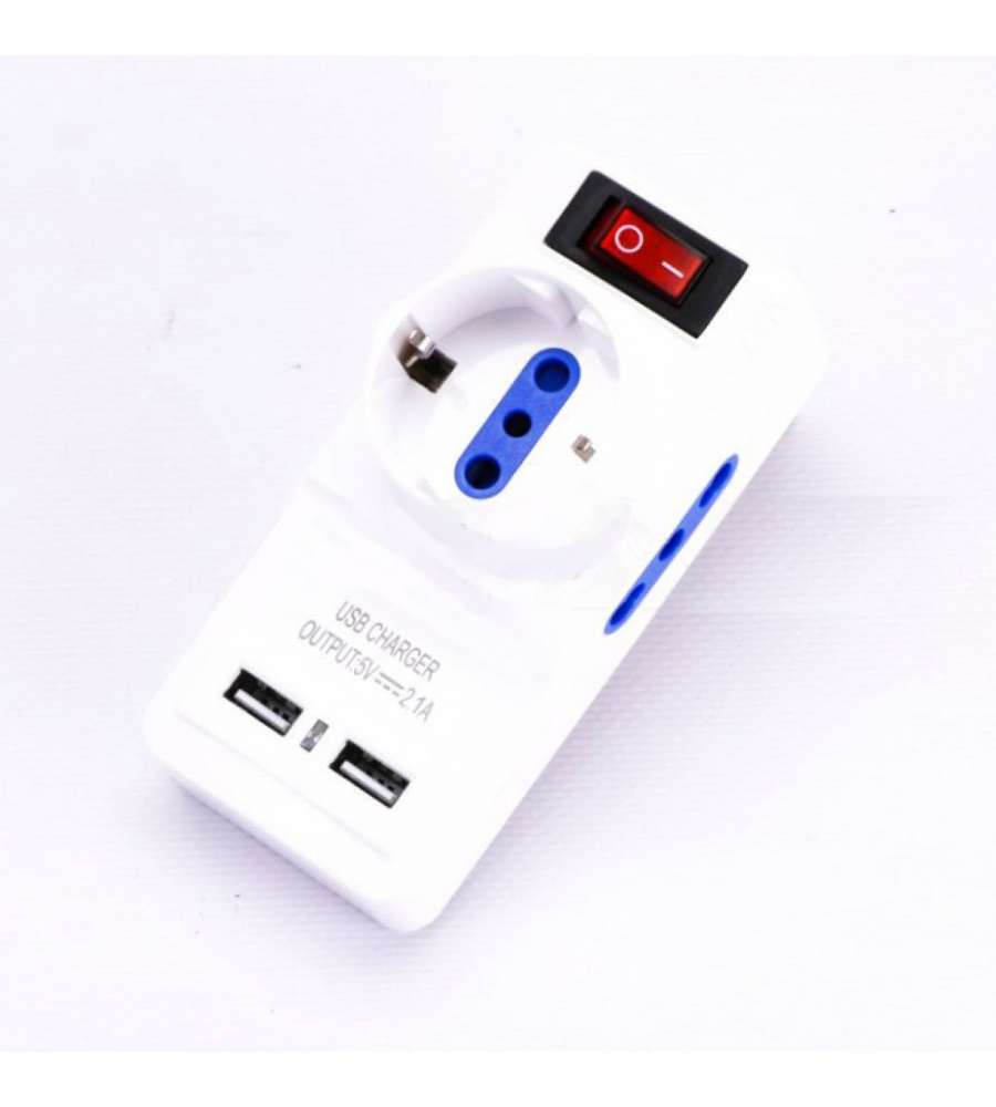 Adattatore 2 vie 10/16A presa Italiana e 1via 10/16A Italiano /Schuko con interruttore due porte di ricarica USB 2.1A Spina Italiana 16A