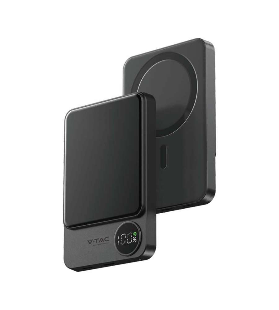 V-TAC Power Bank 10.000 mAh MagSafe Ultra Sottile e Magnetico con Display e Ricarica Wireless Colore Grigio