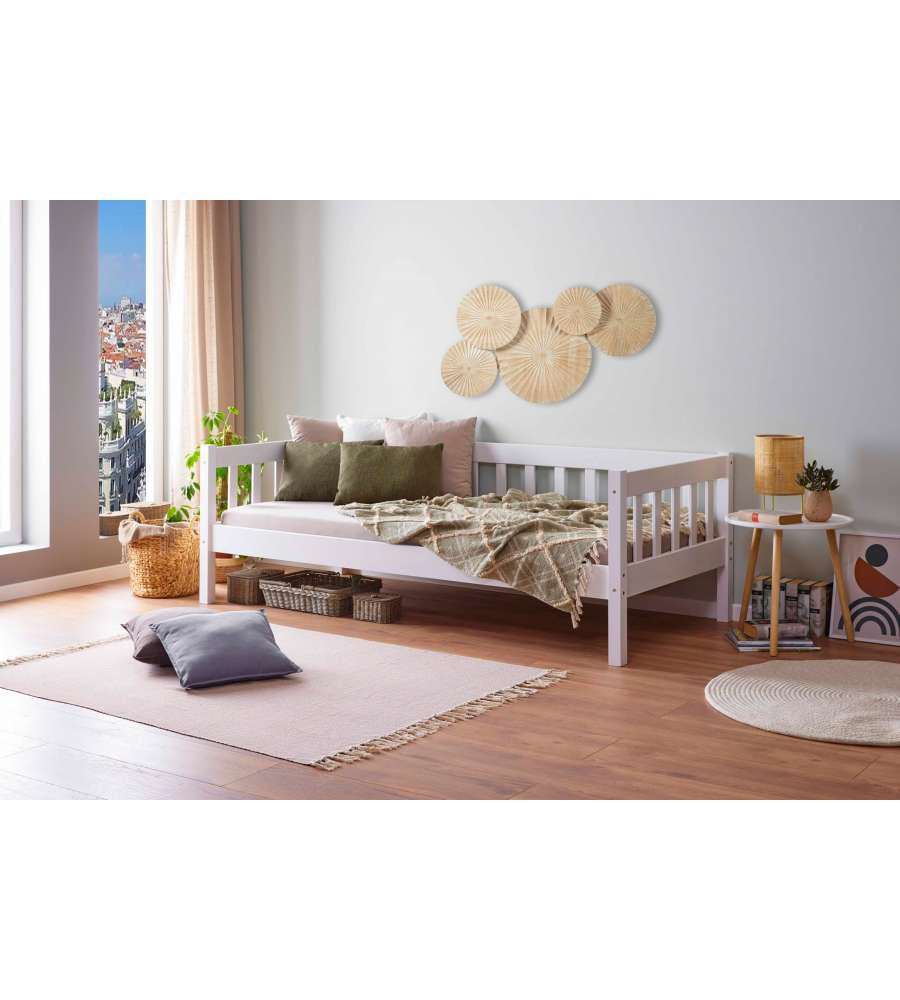 Sintro Divano Letto Singolo 90x200 in Pino Massello Bianco - Rete a Doghe Inclusa