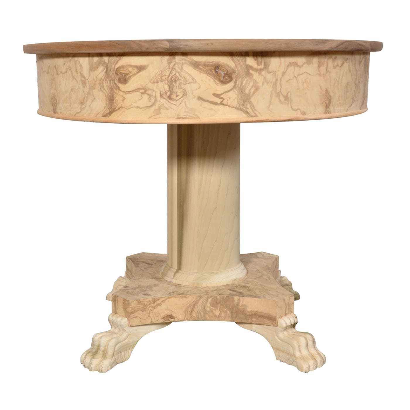 Tavolo intarsiato rotondo Transizione '800 con piedi zoomorfi