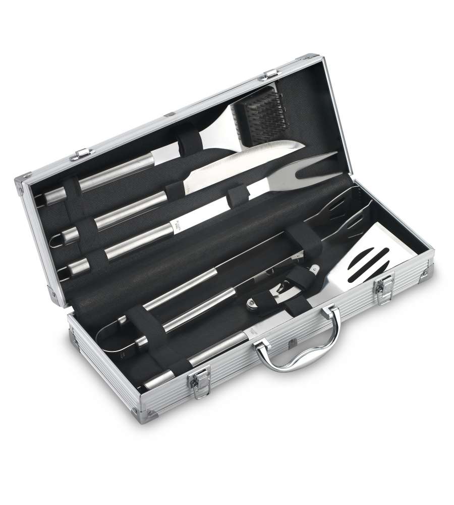 Set Accessori Barbecue in Acciaio Inox - Valigetta con 6 Pezzi