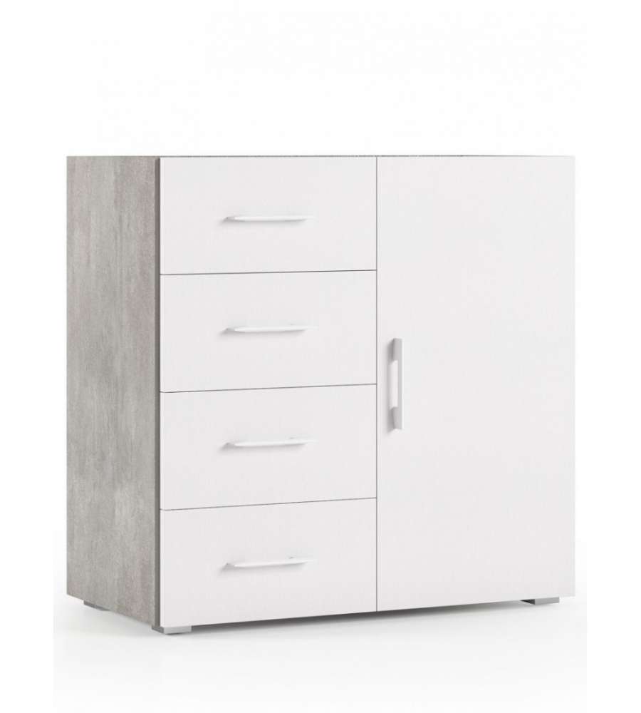 Terraneo Mobile Multifunzionale 4 Cassetti e Anta Bianco - Effetto Cemento - 90x41x87 cm