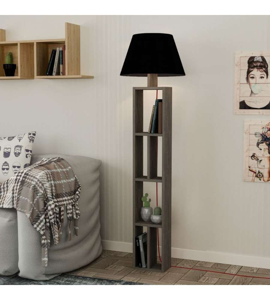 Lampada da terra Giorno in legno con libreria e paralume nero