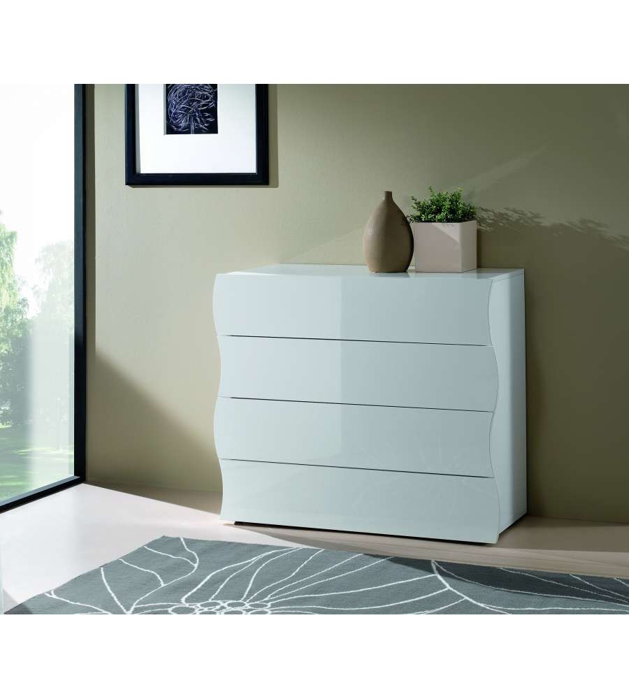 Web Furniture Comò Moderno Onda 4 Cassetti Bianco Lucido 81,5x98x40 cm