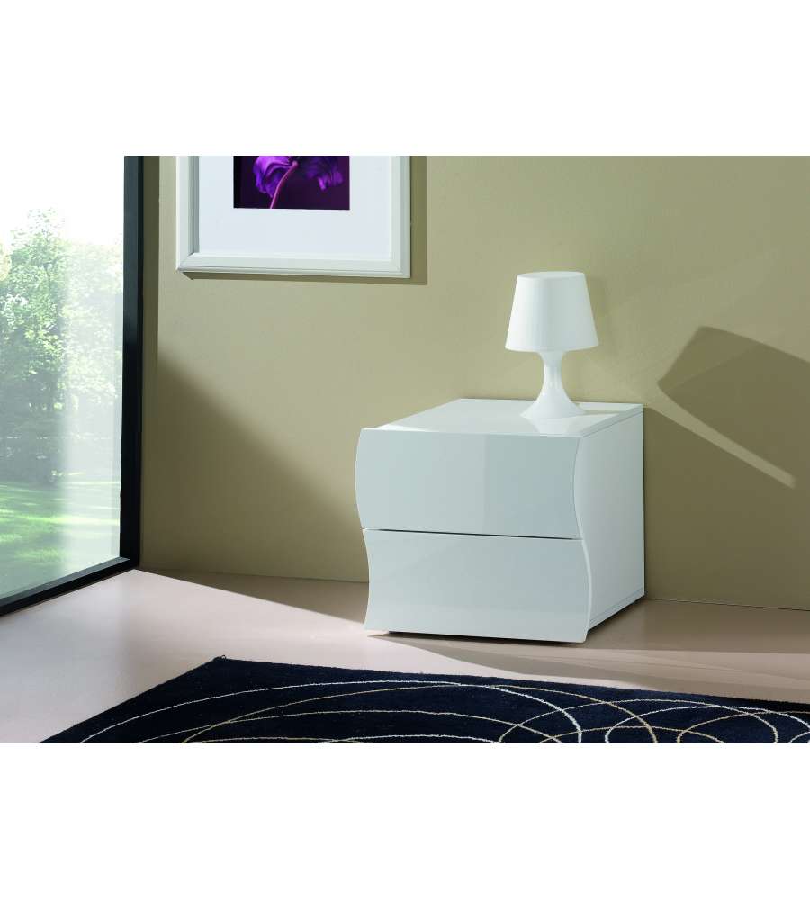 Web Furniture Comodino 2 Cassetti Onda Bianco Lucido - Design Italiano - 41,3x50x40 cm