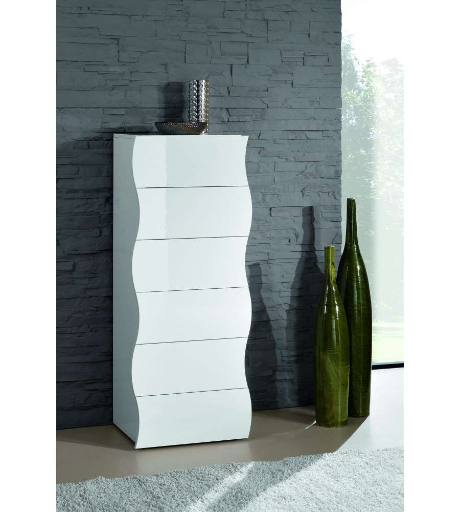 Web Furniture Settimino Moderno Onda 6 Cassetti Bianco Lucido - 121,7x50x40 cm