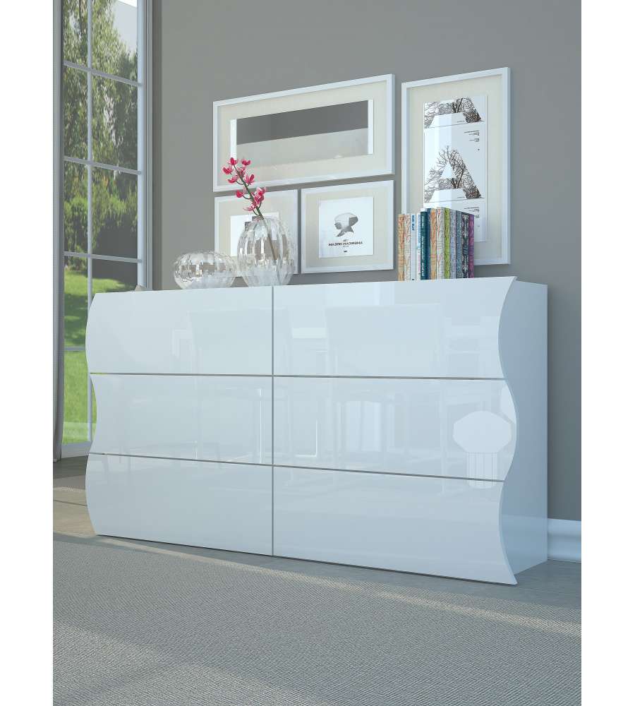 Web Furniture Comò Onda 6 Cassetti Orizzontali Bianco Lucido - Design Italiano - 81,8h x 155,1L x 40P cm