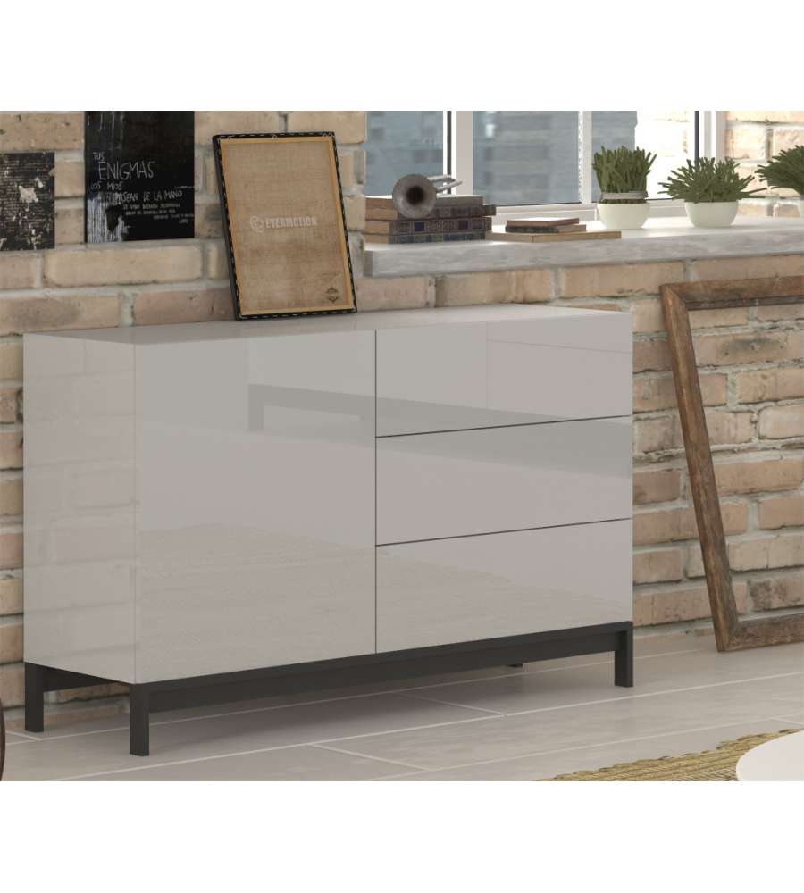 Credenza Moderna 1 Anta + 3 Cassetti Metis Con Piede In Metallo Bianco Lucido