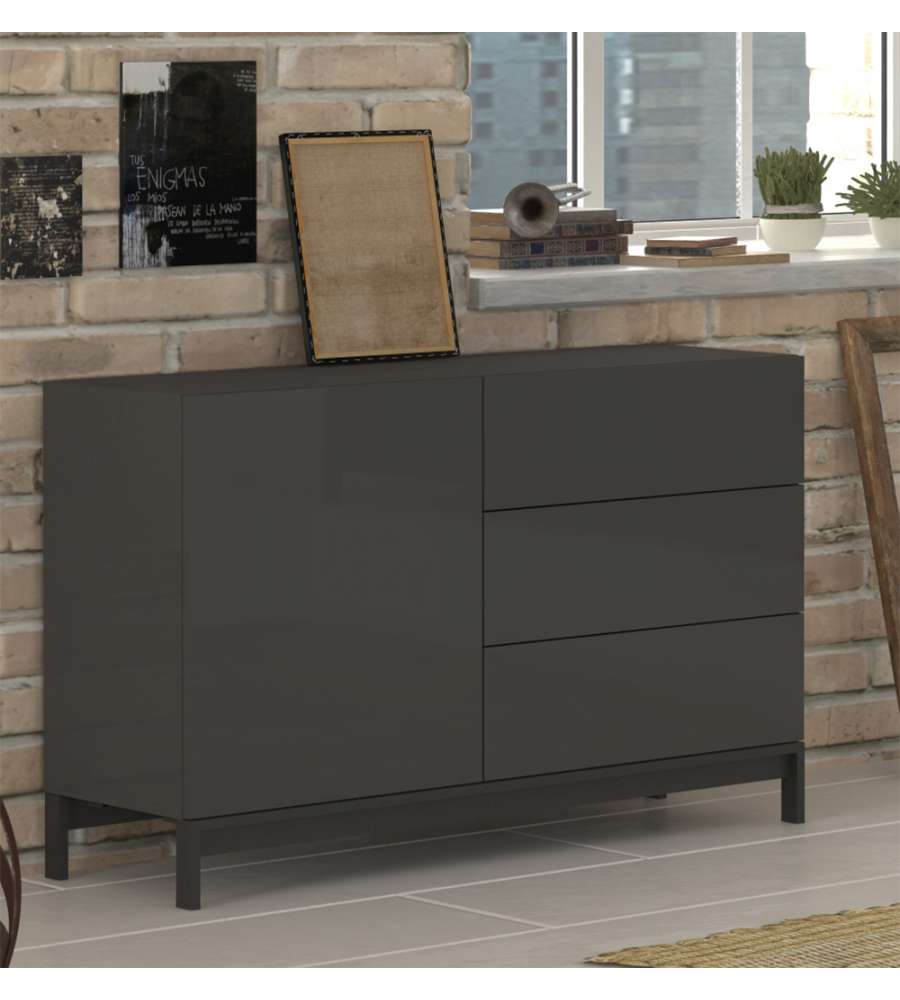 Credenza Moderna 1 Anta + 3 Cassetti Metis Con Piede In Metallo Antracite Laccato