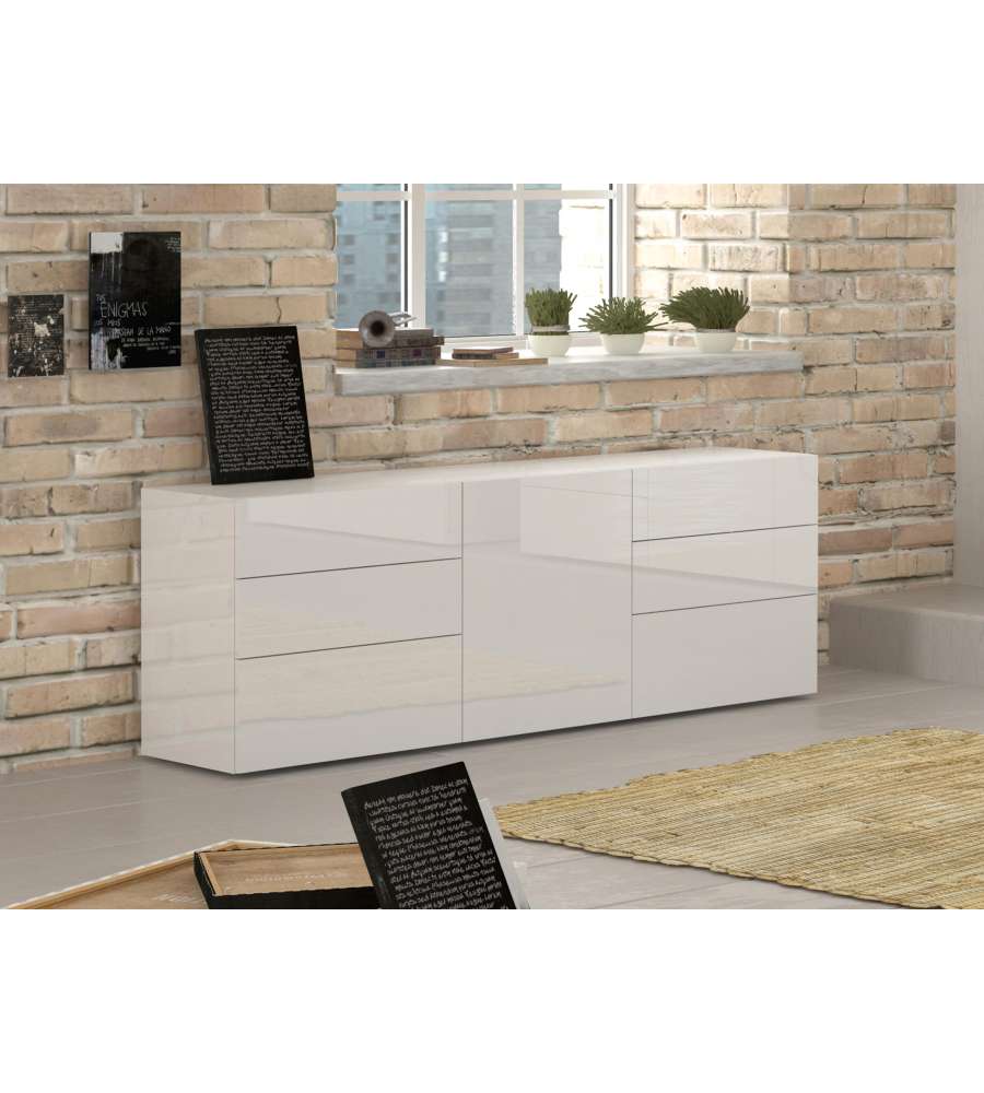 Credenza Moderna 1 Anta + 6 Cassetti Metis Bianco Lucido