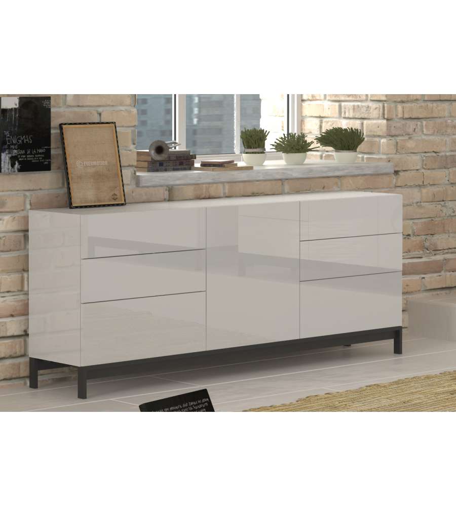 Credenza Moderna 1 Anta + 6 Cassetti Metis Con Piede In Metallo Bianco Lucido