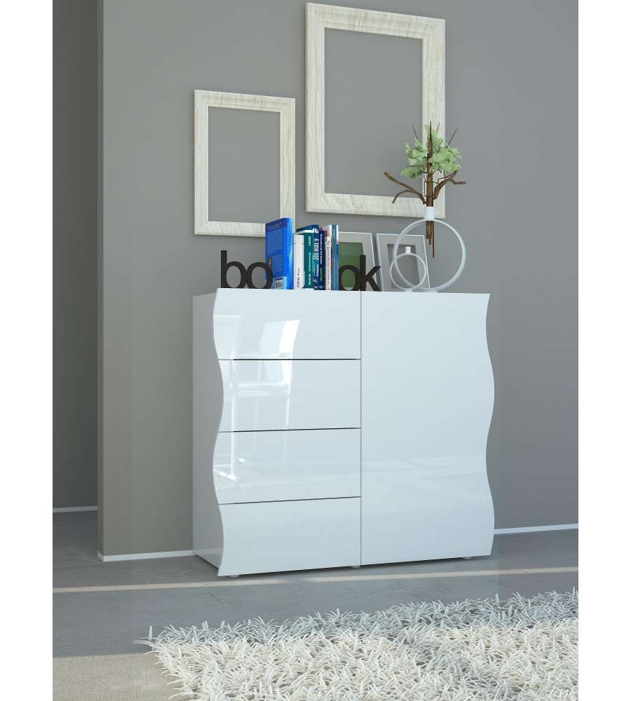 Web Furniture Mobile Onda Bianco Lucido 1 Anta 4 Cassetti - Design Moderno - 81h x 90L x 90P cm
