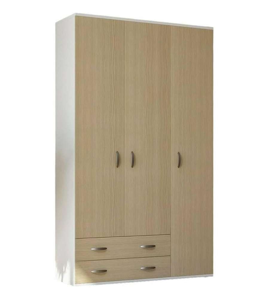 Armadio Monza 3 Ante e 2 Cassetti Bianco Olmo - 120x52x207 cm