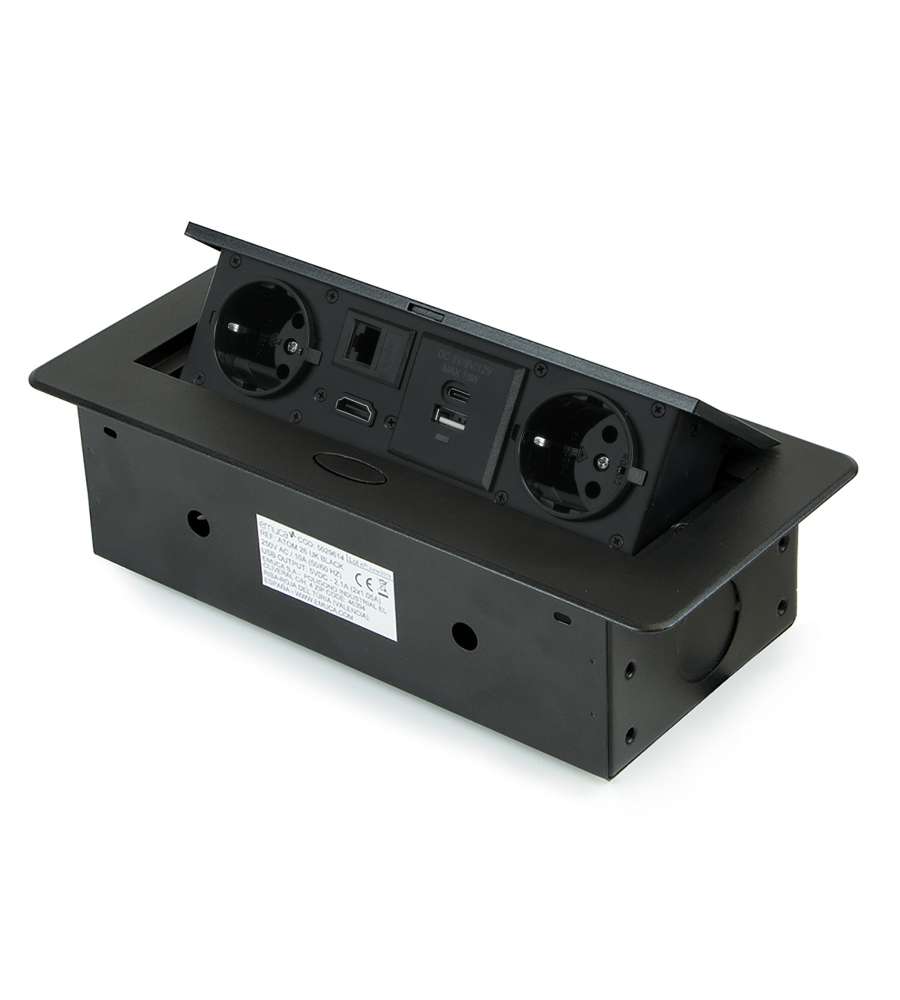 Emuca Multipresa Atom 26 A+C per scrivania, EU, Verniciato nero, Acciaio e Tecnoplastica e Zama, 1 u.