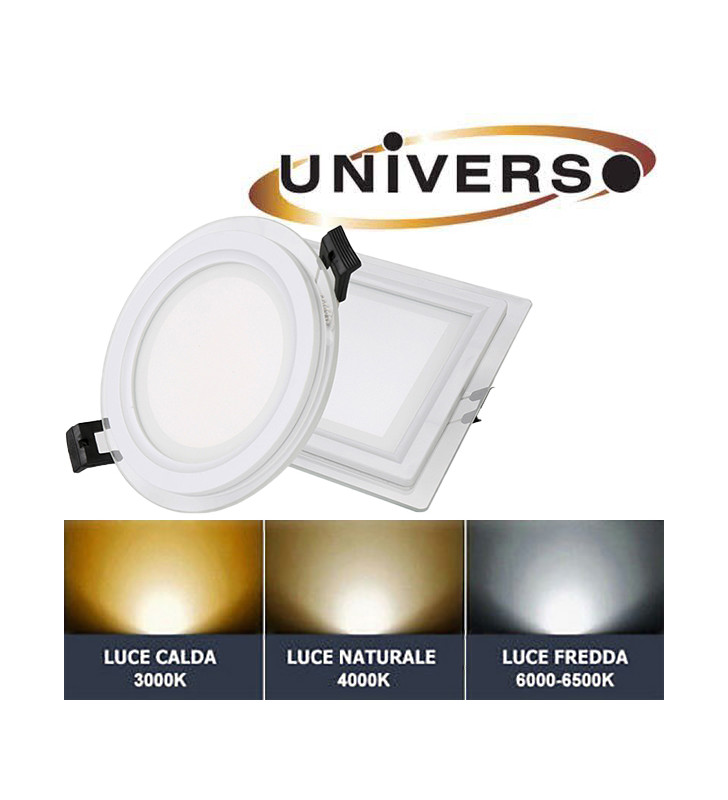 FARETTO PANNELLO LED INCASSO CON BORDO IN VETRO 6 9 12 18 24 WATT QUADRATO TONDO LUCE BIANCA FREDDA CALDA NATURALE