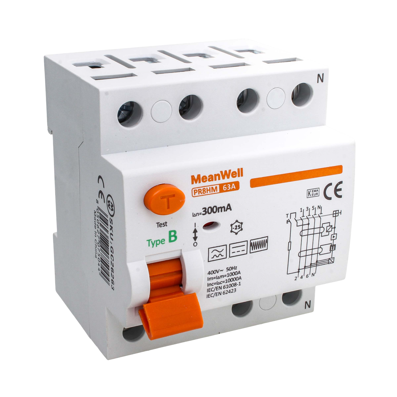 Interruttore Differenziale Puro MeanWell Tipo B 3P+N 4M 10000A 300mA 100A AC 400V IP20 IEC61008-1 / IEC62423 PR8HM