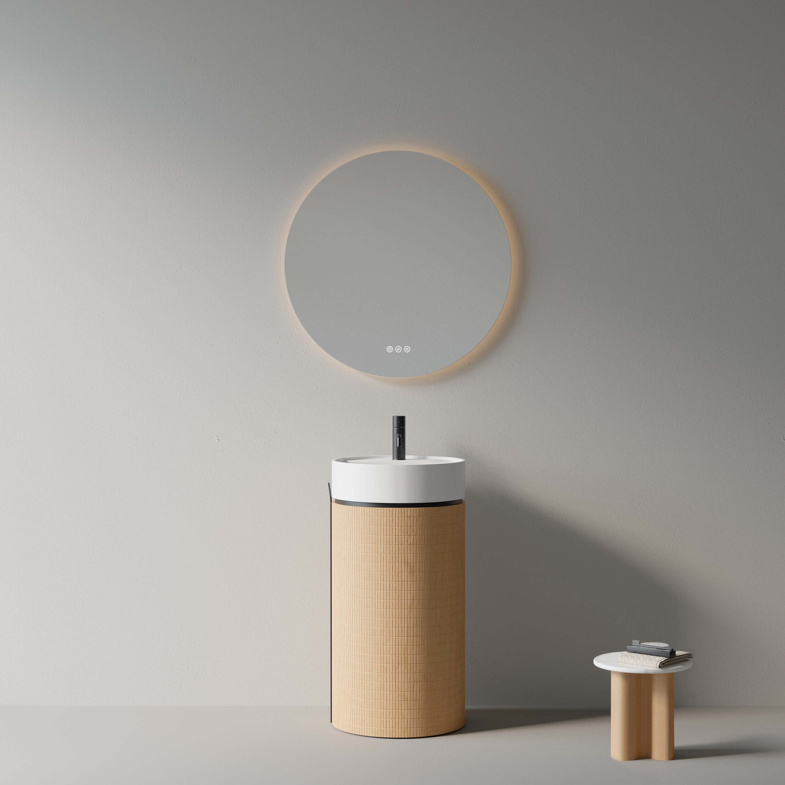 Lavabo Freestanding 45 cm Rovere Chiaro Specchio Tondo Retroilluminato - Cora