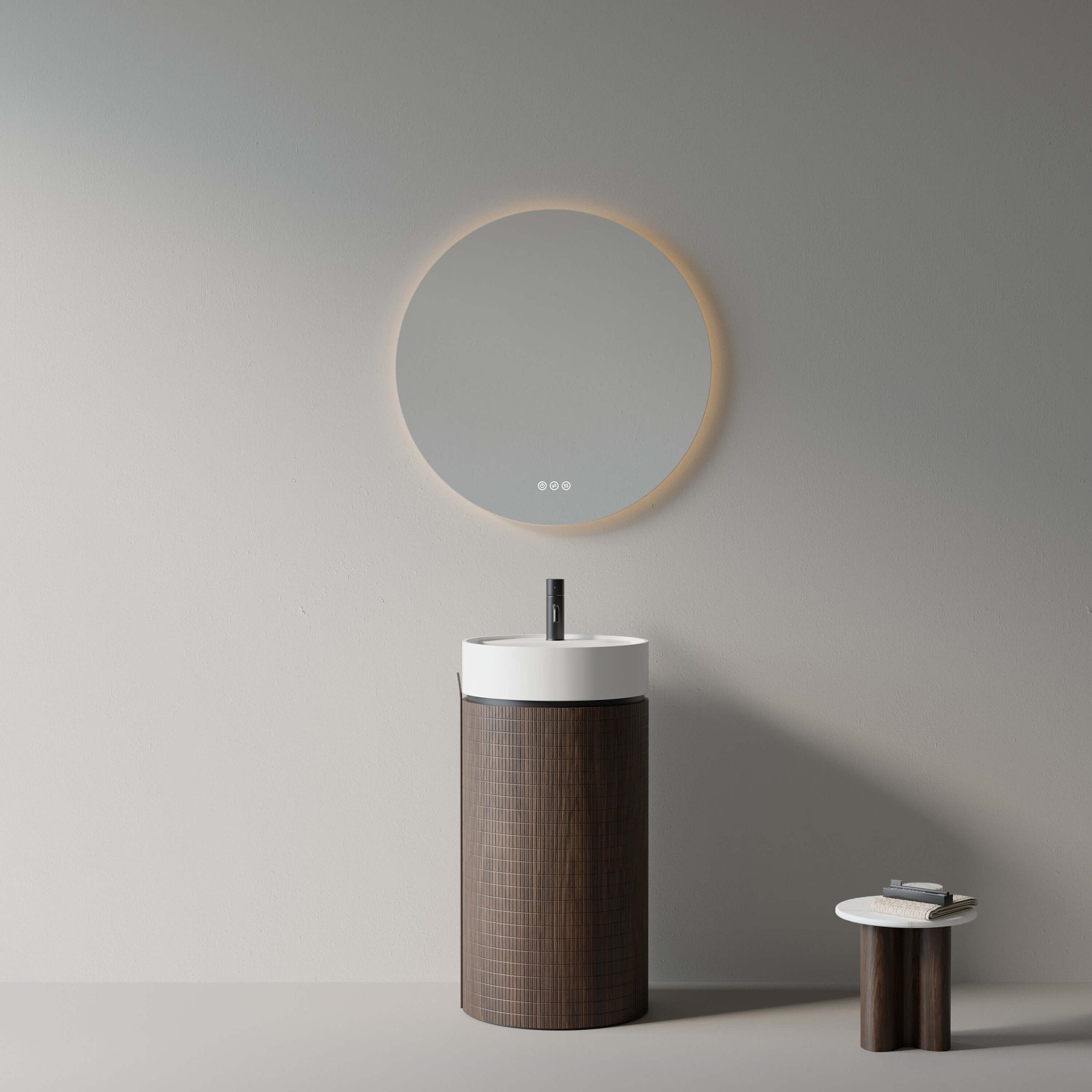 Lavabo Freestanding 45 cm Rovere Scuro Specchio Tondo Retroilluminato - Cora