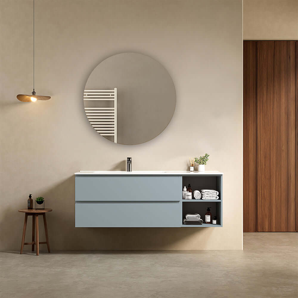 Mobile bagno sospeso 140 cm Blu Avio Lavabo a Sinistra in Resina Specchio Tondo - Fiji Paint Plus