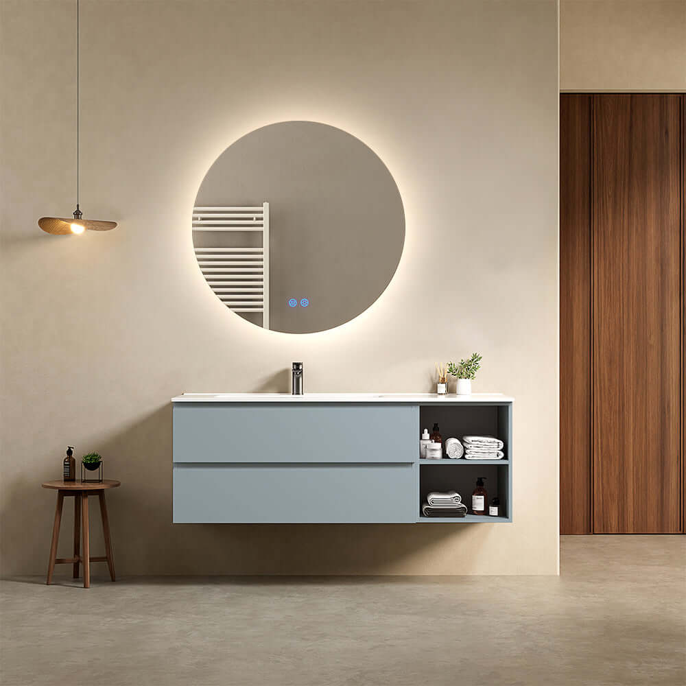 Mobile bagno sospeso 140 cm Blu Avio Lavabo a Sinistra in Resina Specchio Tondo Retroilluminato - Fiji Paint Plus