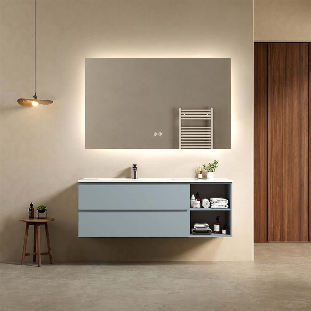 Mobile bagno sospeso 140 cm Blu Avio Lavabo a Sinistra in Resina Specchio Quadro Retroilluminato - Fiji Paint Plus