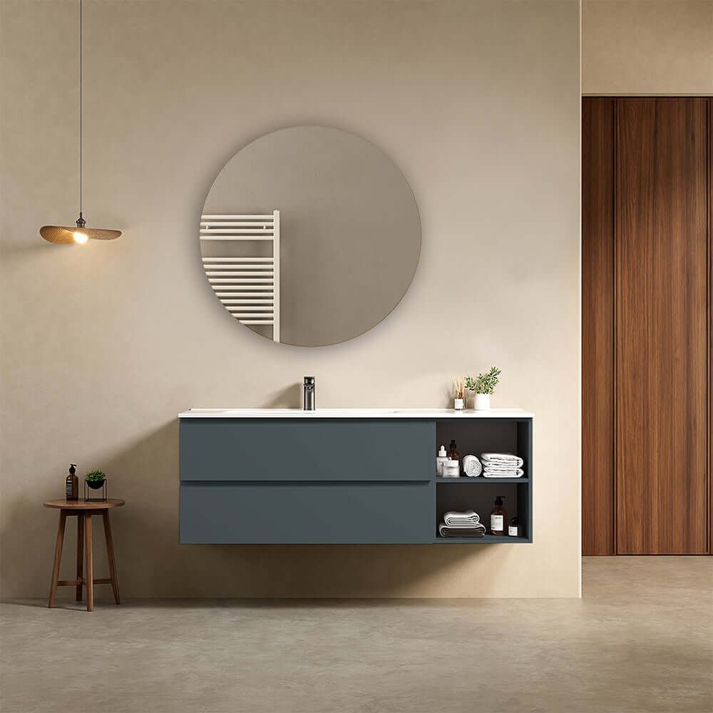 Mobile bagno sospeso 140 cm Blu Mare Lavabo a Sinistra in Resina Specchio Tondo - Fiji Paint Plus