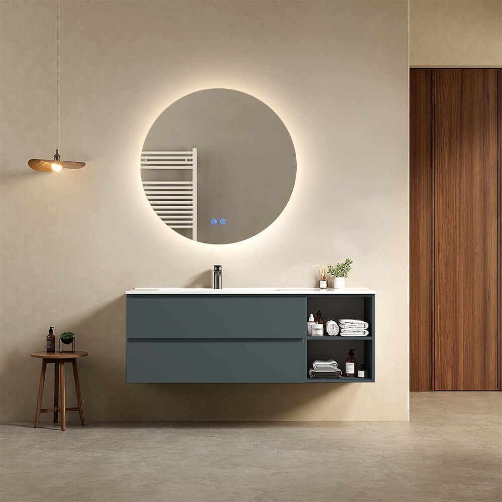 Mobile bagno sospeso 140 cm Blu Mare Lavabo a Sinistra in Resina Specchio Tondo Retroilluminato - Fiji Paint Plus