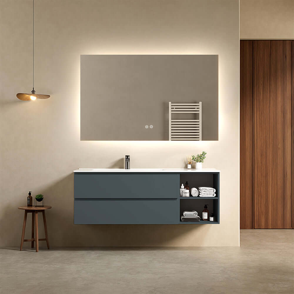 Mobile bagno sospeso 140 cm Blu Mare Lavabo a Sinistra in Resina Specchio Quadro Retroilluminato - Fiji Paint Plus