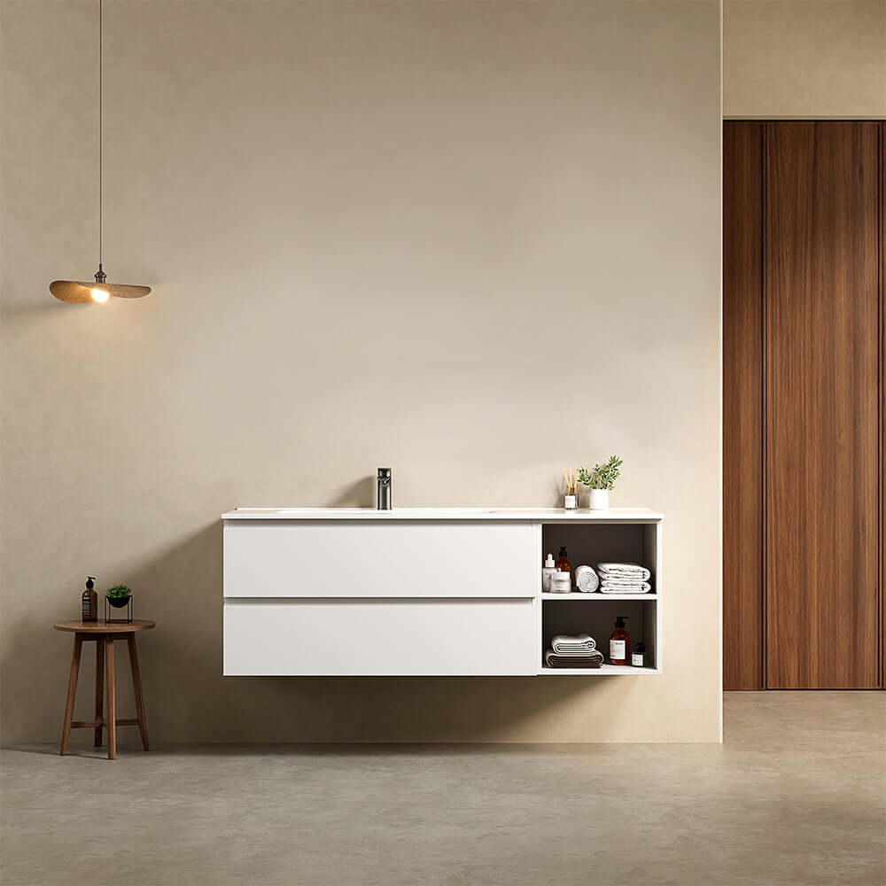 Mobile bagno sospeso 140 cm Bianco Lavabo a Sinistra in Resina Senza Specchio - Fiji Paint Plus