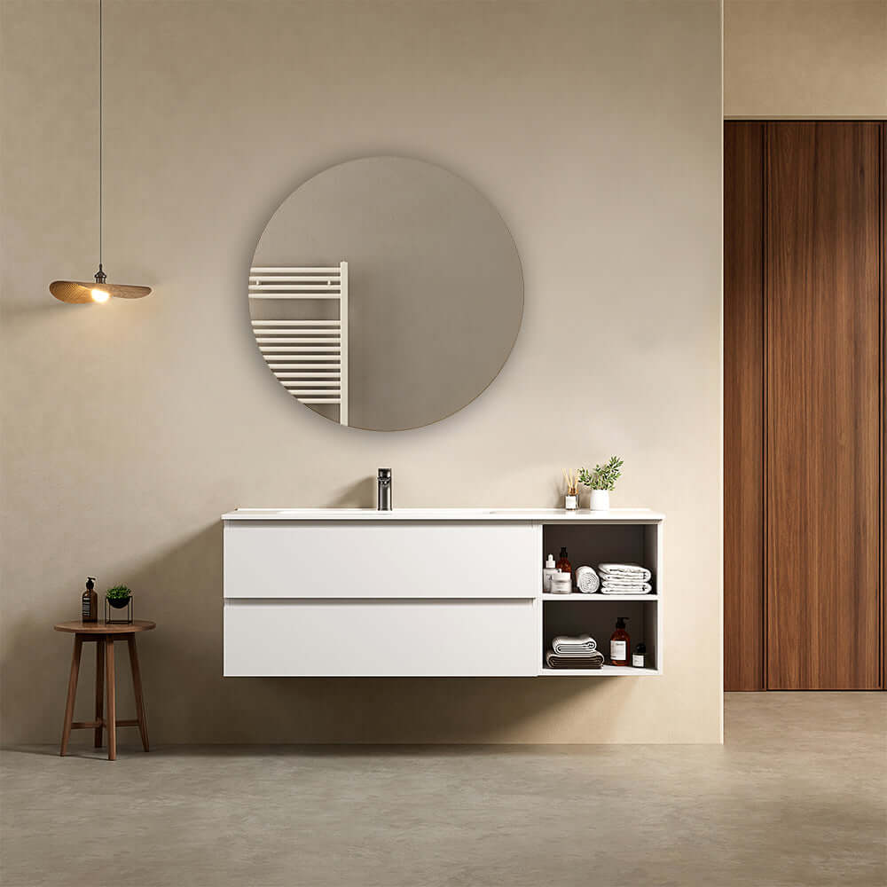 Mobile bagno sospeso 140 cm Bianco Lavabo a Sinistra in Resina Specchio Tondo - Fiji Paint Plus