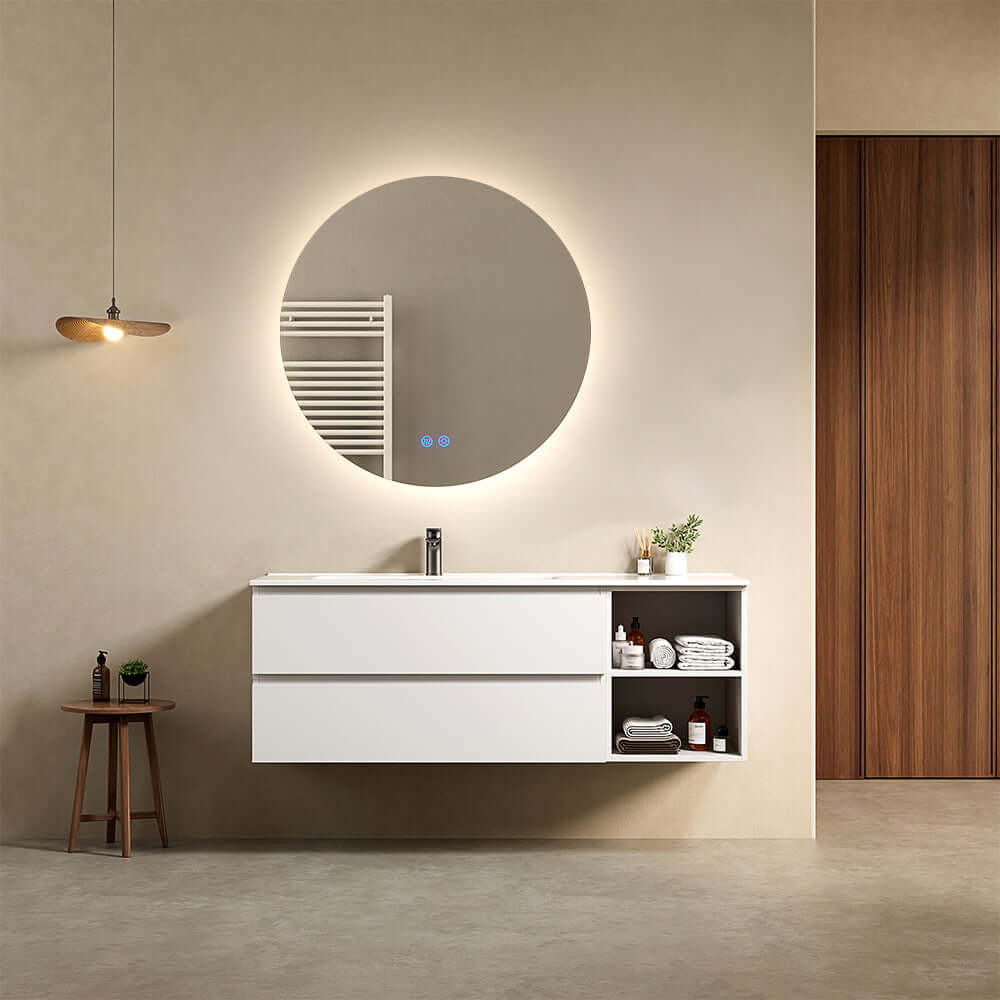 Mobile bagno sospeso 140 cm Bianco Lavabo a Sinistra in Resina Specchio Tondo Retroilluminato - Fiji Paint Plus