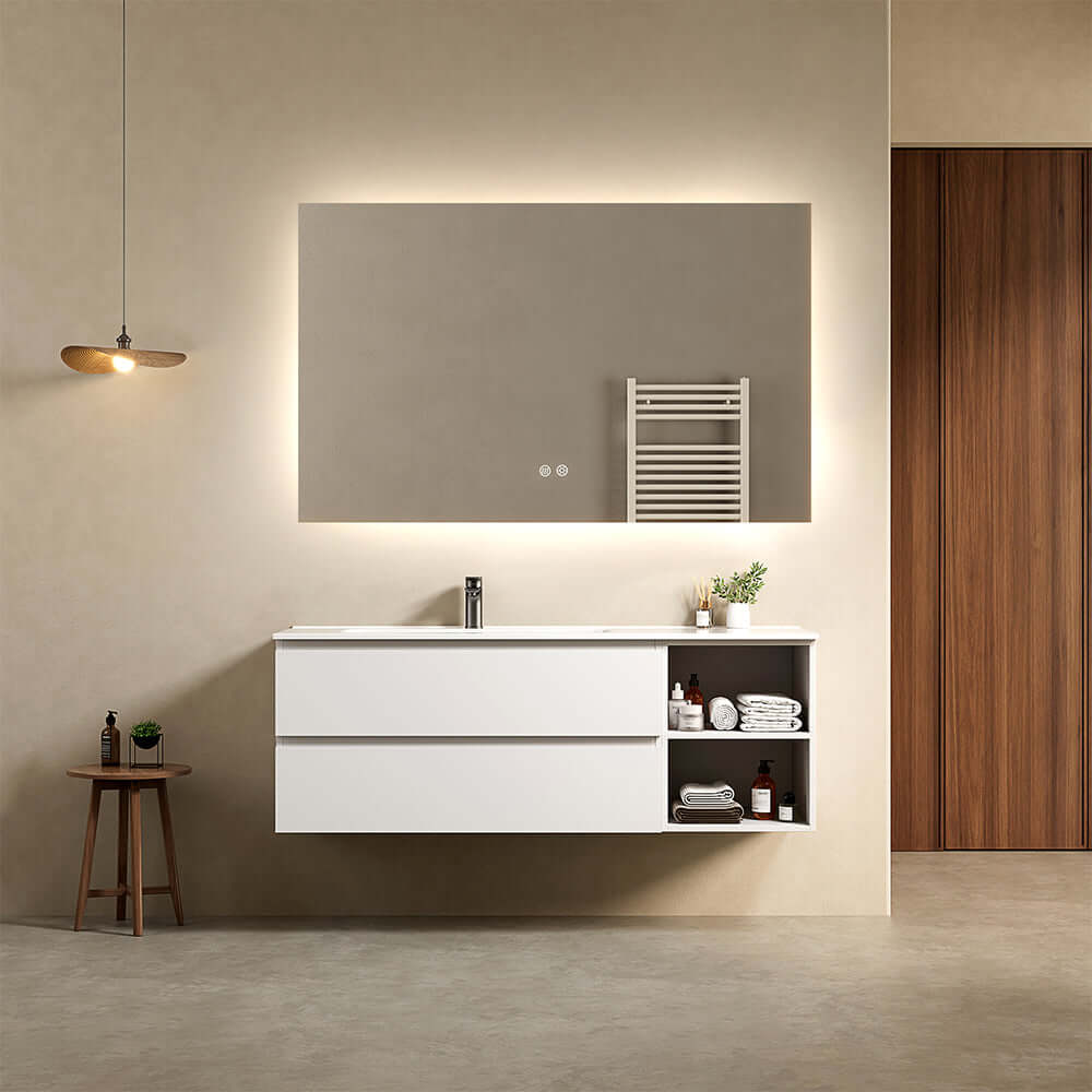 Mobile bagno sospeso 140 cm Bianco Lavabo a Sinistra in Resina Specchio Quadro Retroilluminato - Fiji Paint Plus