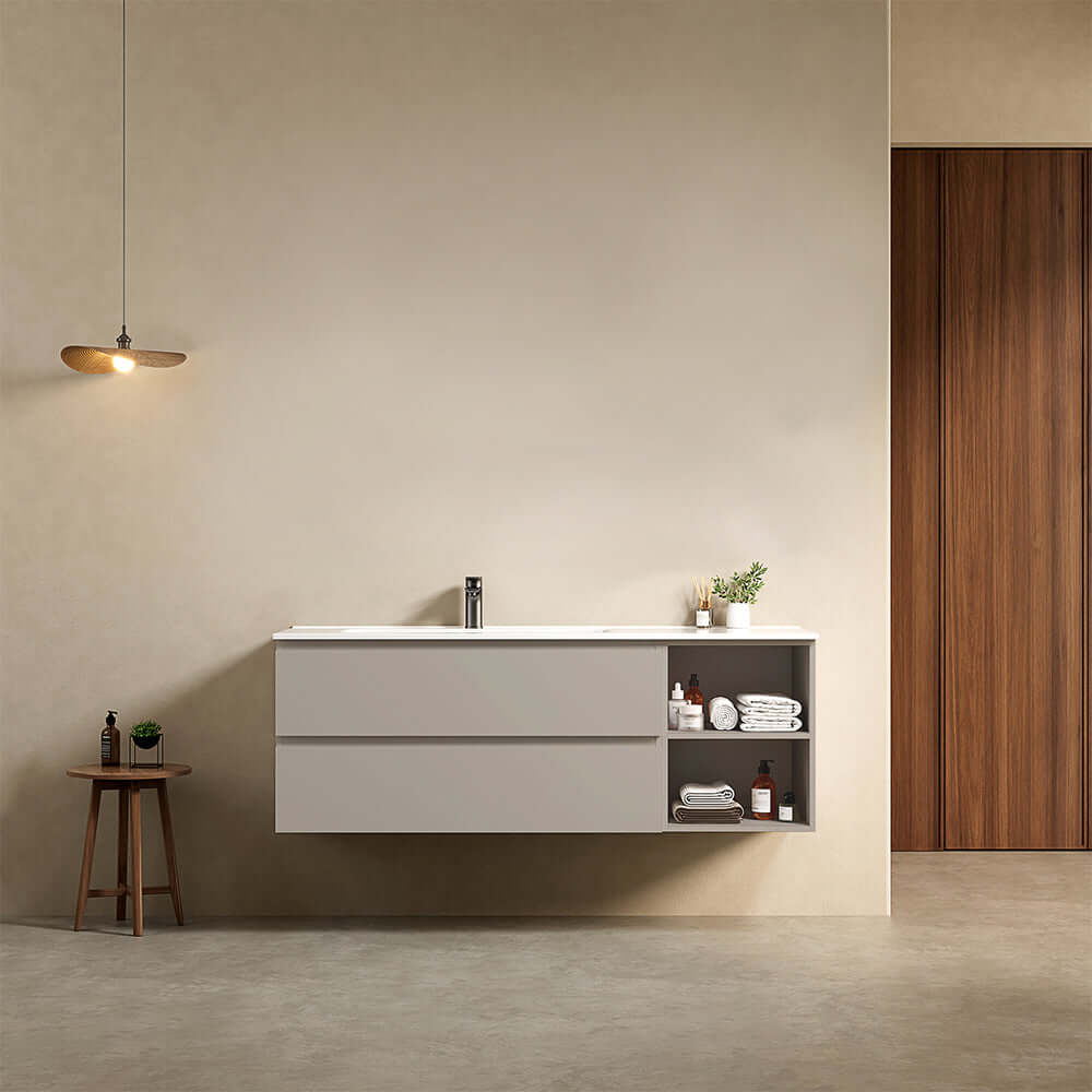 Mobile bagno sospeso 140 cm Grigio Cenere Lavabo a Sinistra in Resina Senza Specchio - Fiji Paint Plus