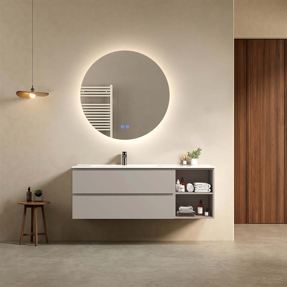 Mobile bagno sospeso 140 cm Grigio Cenere Lavabo a Sinistra in Resina Specchio Tondo Retroilluminato - Fiji Paint Plus