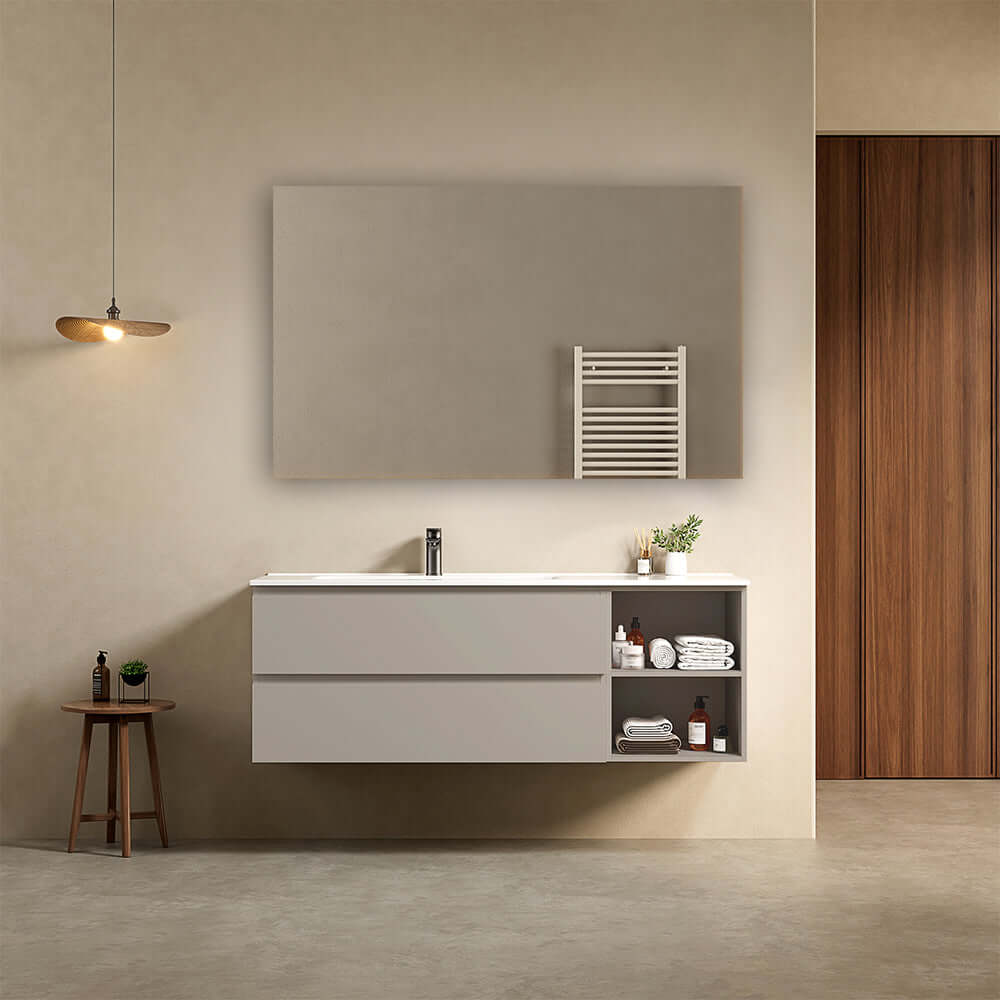 Mobile bagno sospeso 140 cm Grigio Cenere Lavabo a Sinistra in Resina Specchio Quadro - Fiji Paint Plus