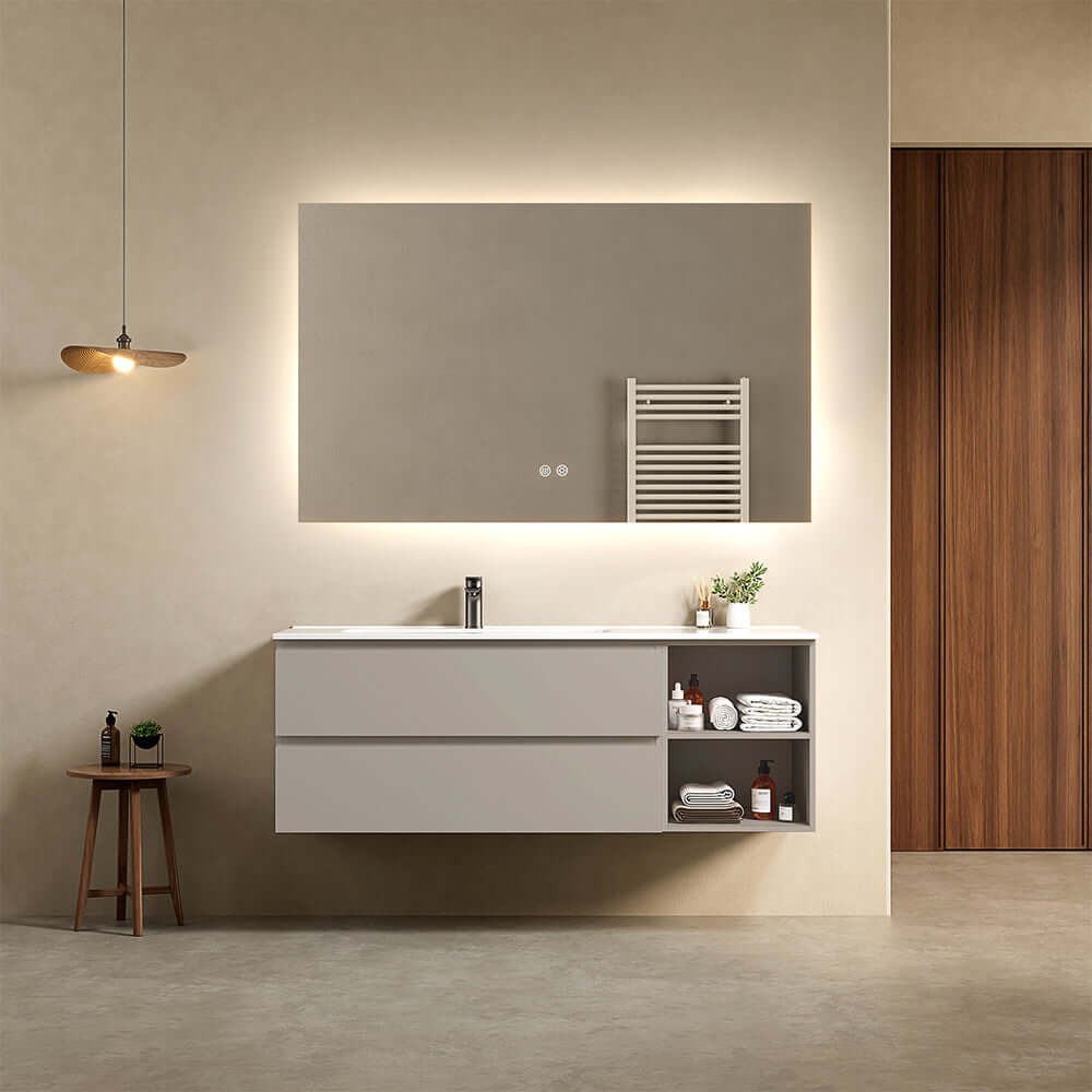 Mobile bagno sospeso 140 cm Grigio Cenere Lavabo a Sinistra in Resina Specchio Quadro Retroilluminato - Fiji Paint Plus