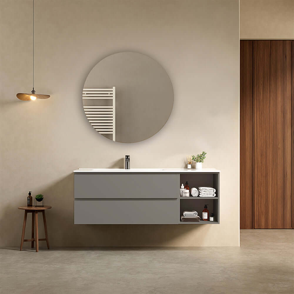 Mobile bagno sospeso 140 cm Grigio Londra Lavabo a Sinistra in Resina Specchio Tondo - Fiji Paint Plus
