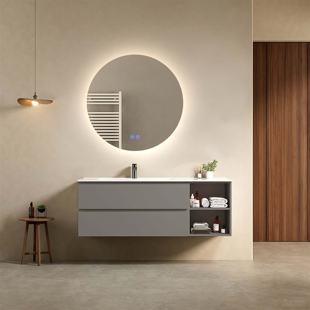 Mobile bagno sospeso 140 cm Grigio Londra Lavabo a Sinistra in Resina Specchio Tondo Retroilluminato - Fiji Paint Plus