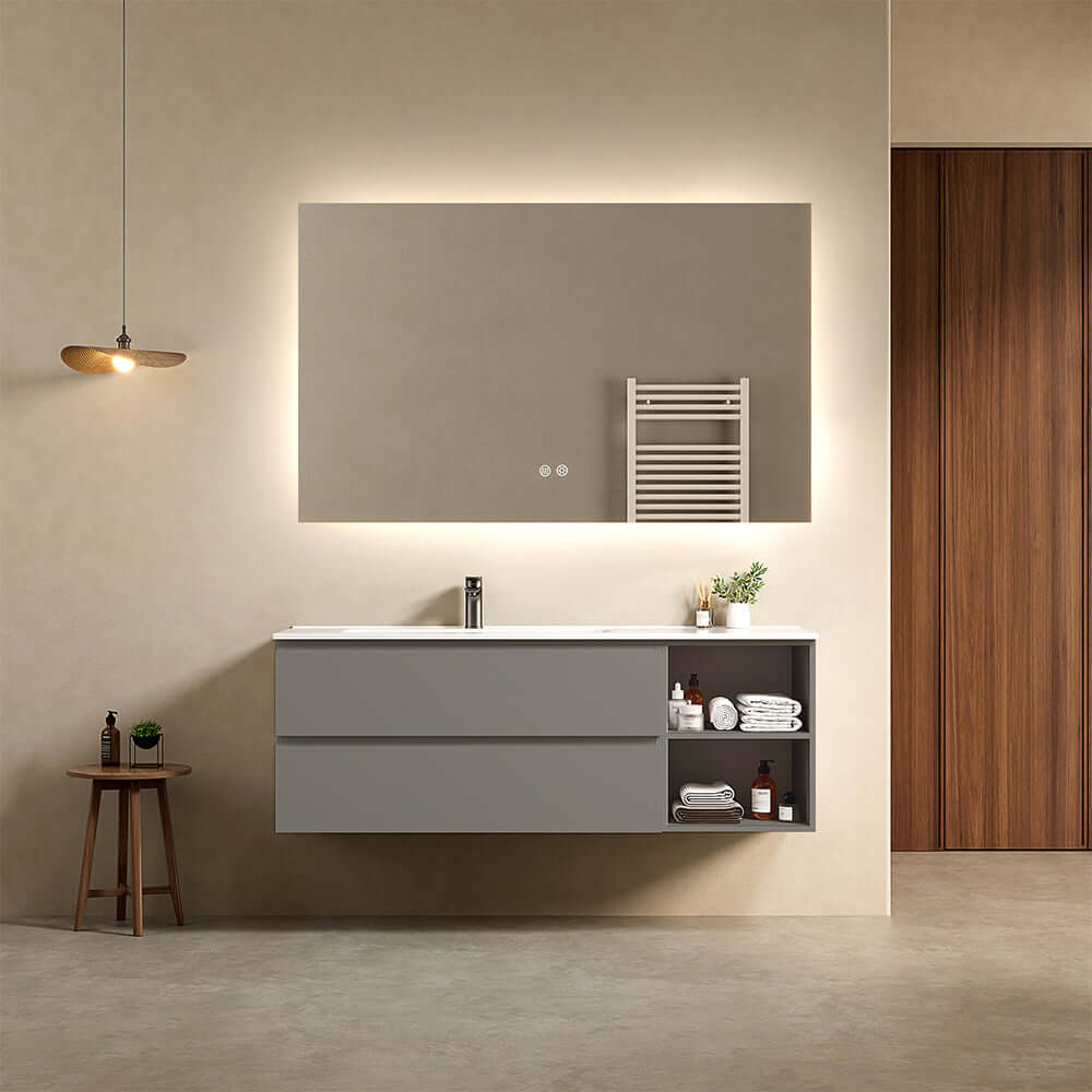 Mobile bagno sospeso 140 cm Grigio Londra Lavabo a Sinistra in Resina Specchio Quadro Retroilluminato - Fiji Paint Plus