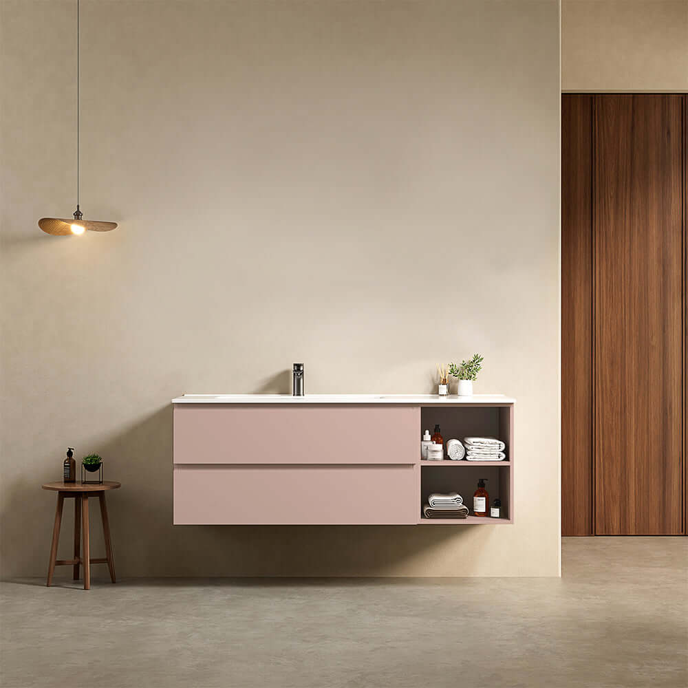 Mobile bagno sospeso 140 cm Rosa Retro Lavabo a Sinistra in Resina Senza Specchio - Fiji Paint Plus