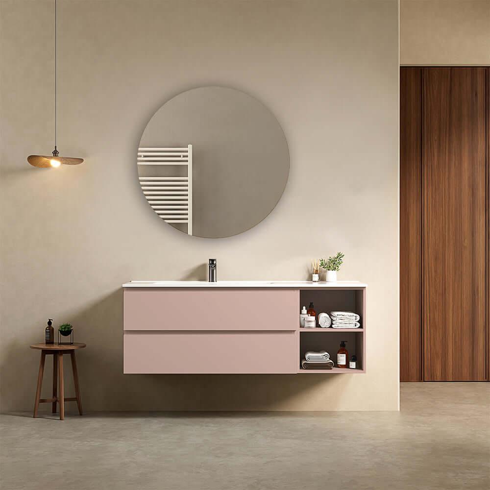 Mobile bagno sospeso 140 cm Rosa Retro Lavabo a Sinistra in Resina Specchio Tondo - Fiji Paint Plus