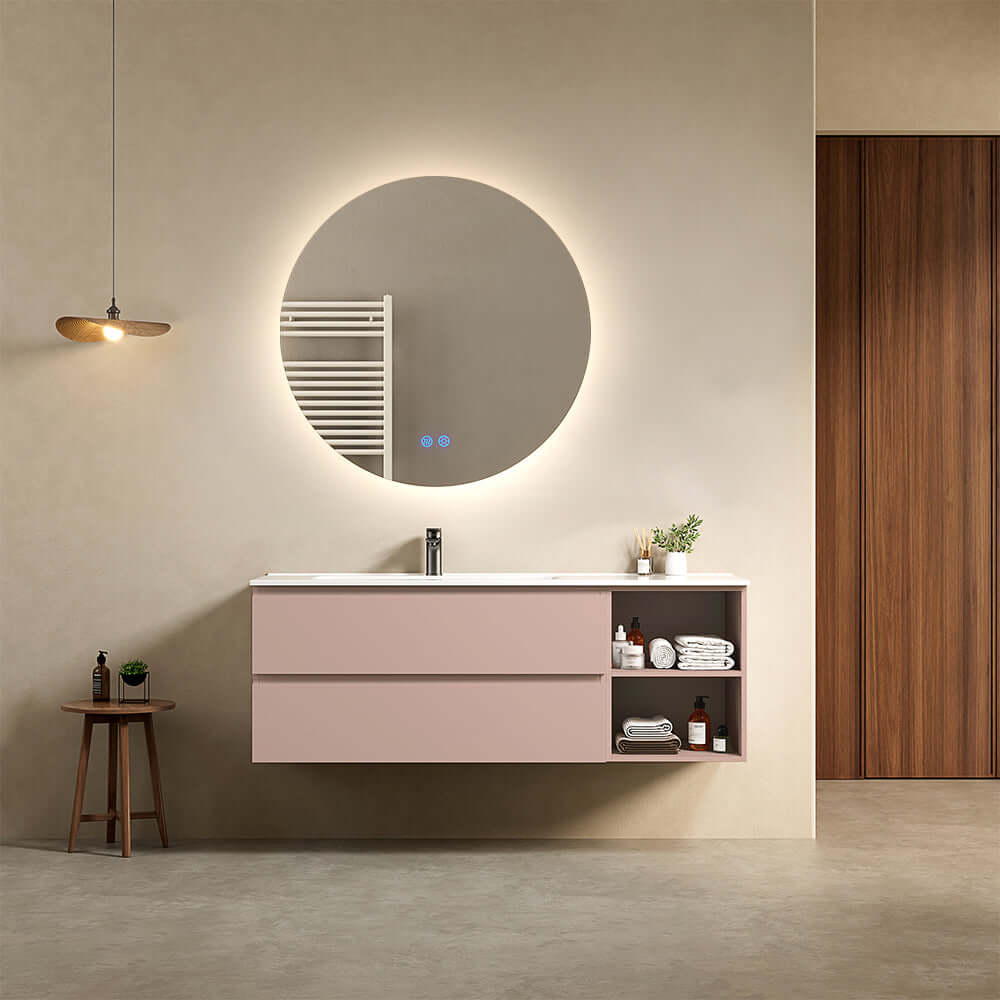 Mobile bagno sospeso 140 cm Rosa Retro Lavabo a Sinistra in Resina Specchio Tondo Retroilluminato - Fiji Paint Plus