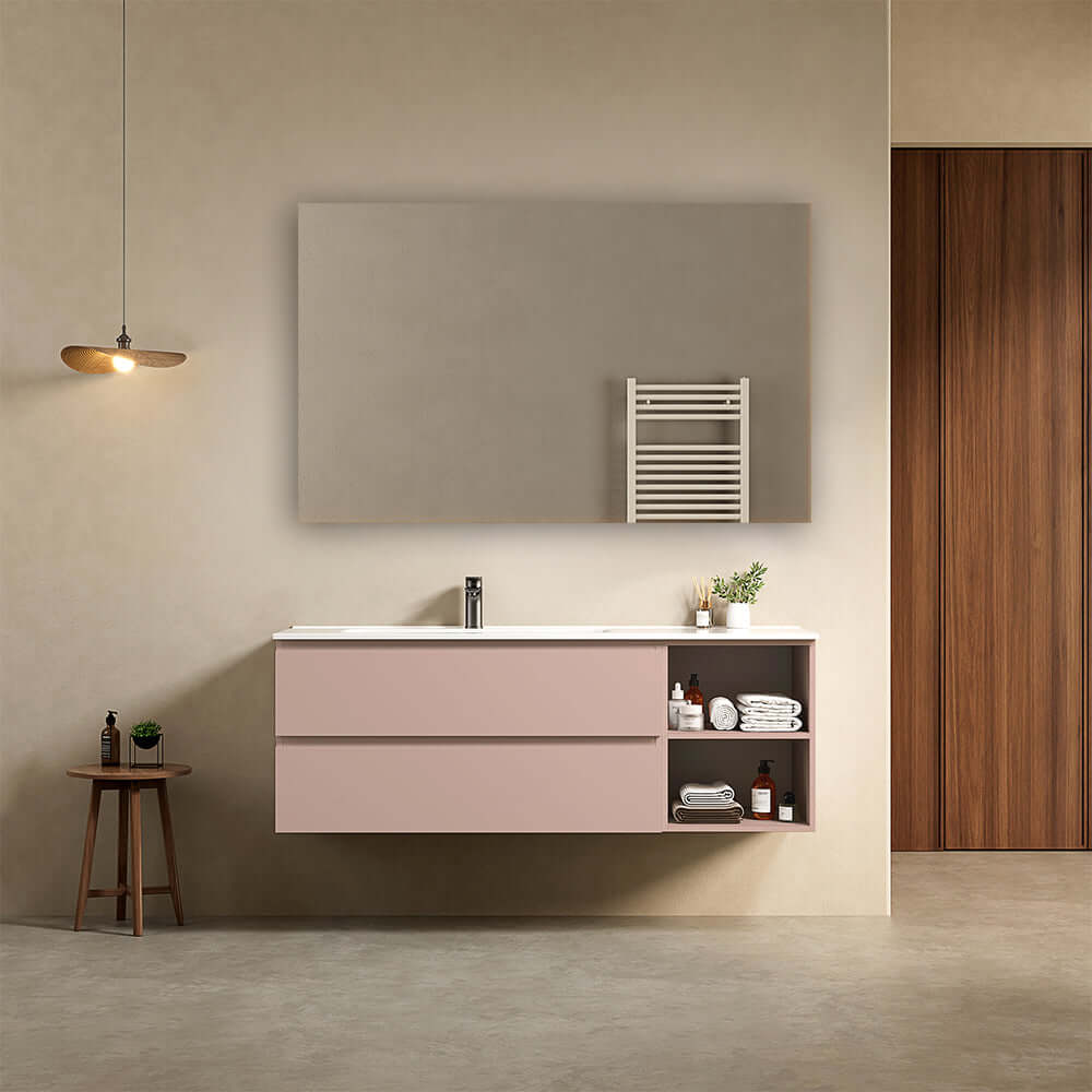 Mobile bagno sospeso 140 cm Rosa Retro Lavabo a Sinistra in Resina Specchio Quadro - Fiji Paint Plus