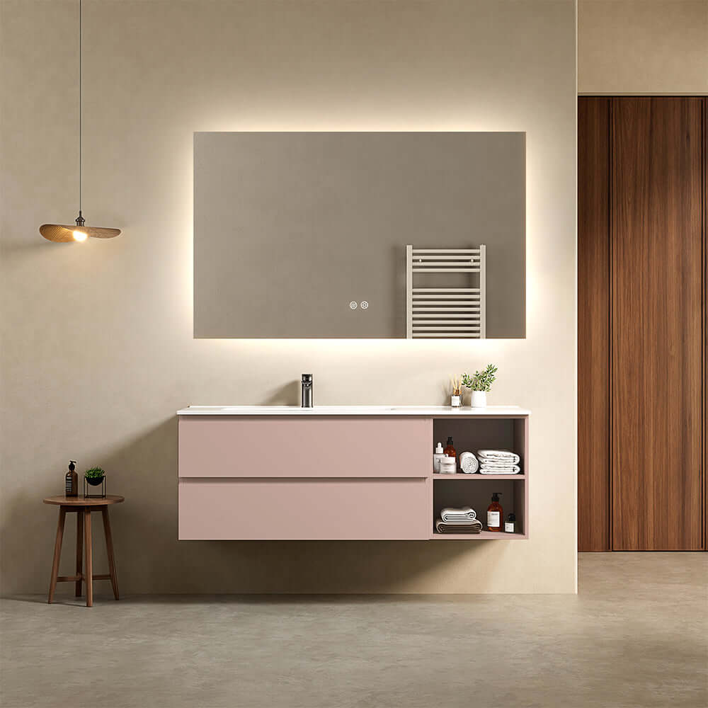 Mobile bagno sospeso 140 cm Rosa Retro Lavabo a Sinistra in Resina Specchio Quadro Retroilluminato - Fiji Paint Plus