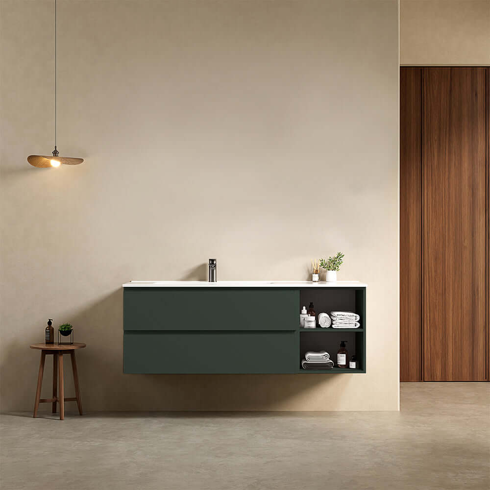 Mobile bagno sospeso 140 cm Verde Comodoro Lavabo a Sinistra in Resina Senza Specchio - Fiji Paint Plus