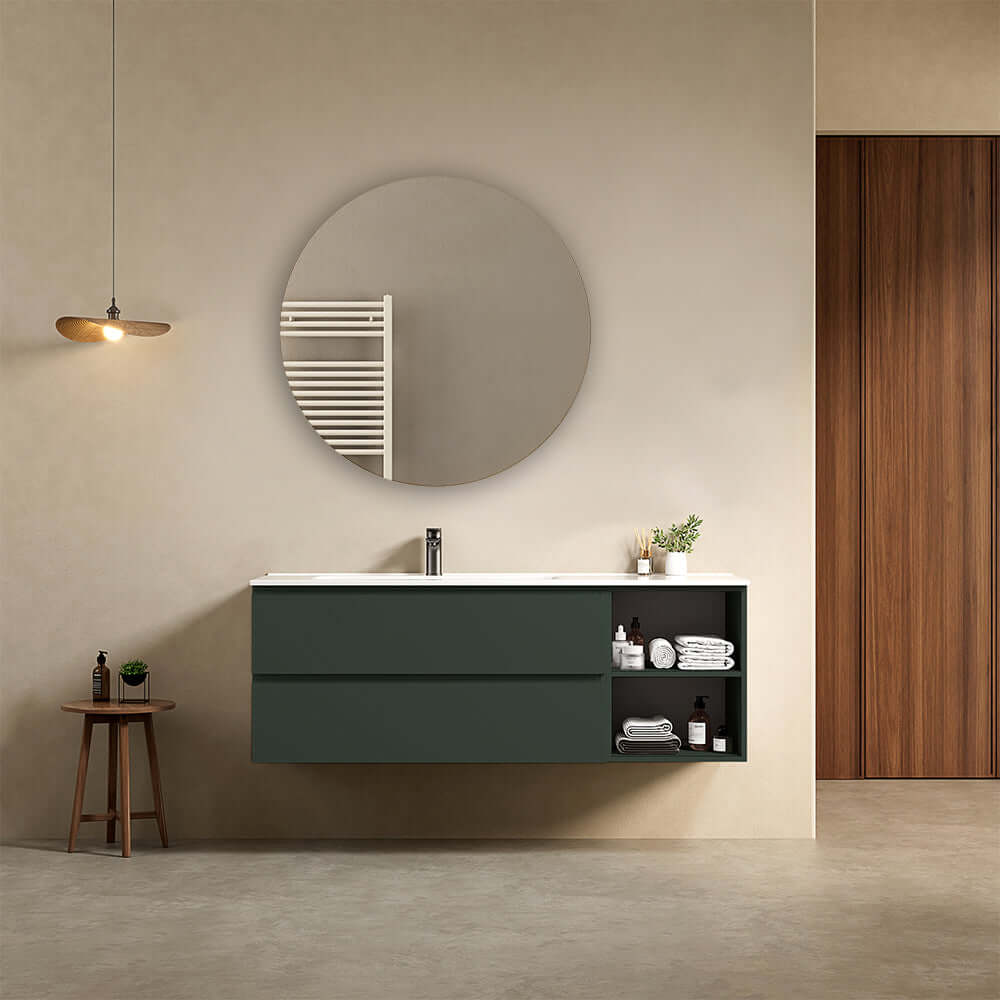 Mobile bagno sospeso 140 cm Verde Comodoro Lavabo a Sinistra in Resina Specchio Tondo - Fiji Paint Plus