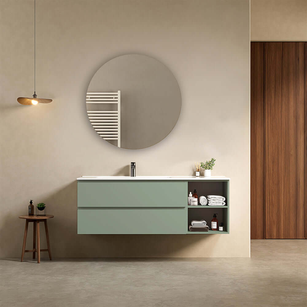 Mobile bagno sospeso 140 cm Verde Salvia Lavabo a Sinistra in Resina Specchio Tondo - Fiji Paint Plus